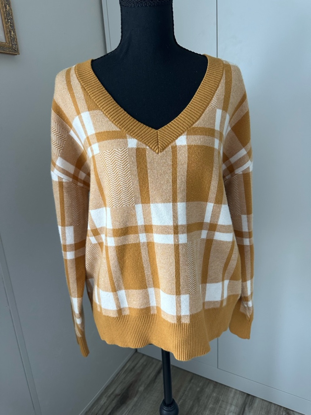 Christian Siriano Mustard and White Plaid V-Neck Sweater